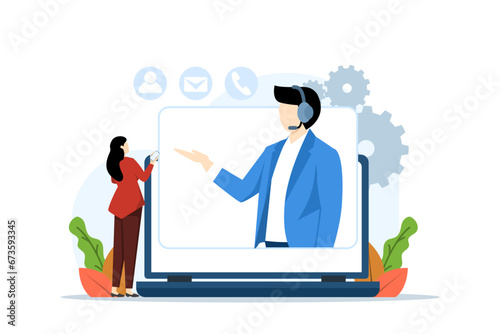 Customer service concept, hotline operator consulting with customer with headset on computer, global online technical support, call center, call processing system, flat vector illustration.