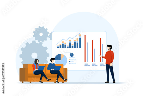 business presentation concept. People present a project by showing graphs on flipcharts and showing laptops. Exchange ideas. Flat vector illustration on white background.