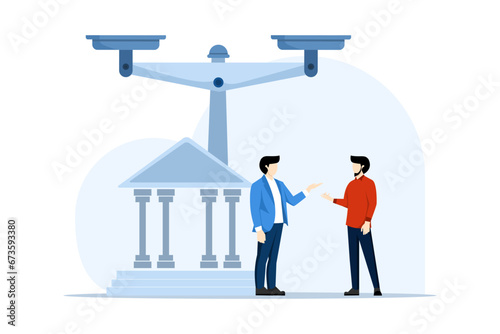legal advice concept, law and justice scene, lawyer consultant client, judge knocking with wooden gavel, ethical and moral corporate justice protection. flat vector illustration banner for website.