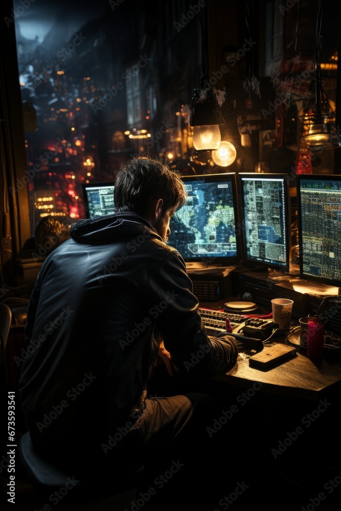 Obraz premium Trader analyzing currency charts on multiple computer screens, Generative AI