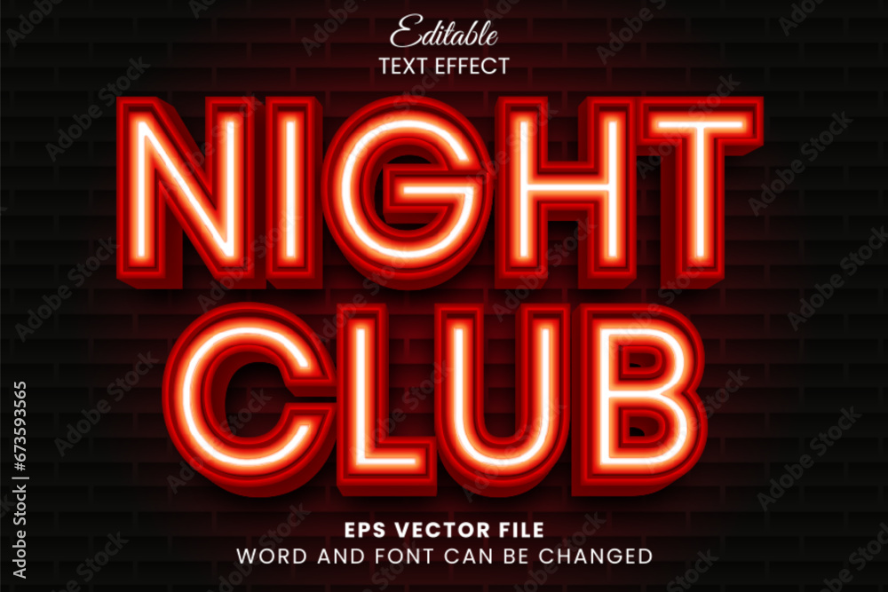 Night club neon glow 3d editable vector text effect - obrazy, fototapety, plakaty 