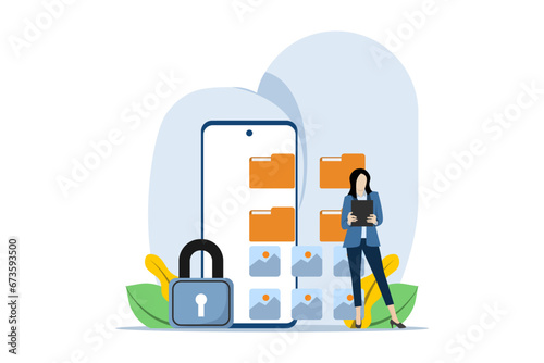 File manager and data storage concept. file management administration, data archiving concept, folder, gallery, administration. Employees search and index file documents. vector flat illustration.
