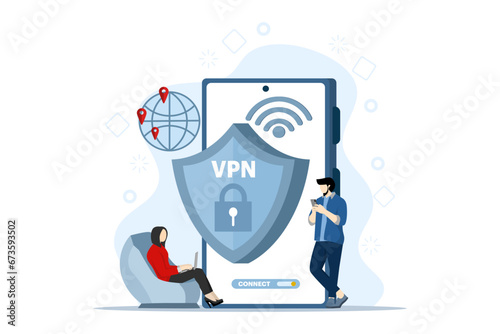 Virtual Private Network Concept. People Use VPN Technology System to Protect their Personal Data on Smartphones, vpn technology system, browser unblock websites, internet connection.