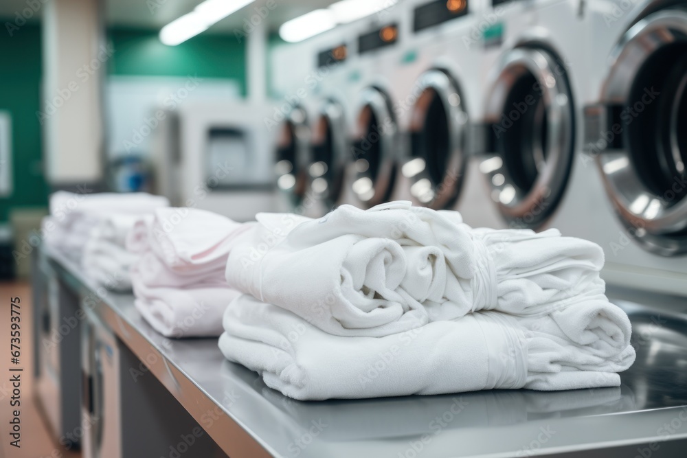 Row of washing machine of laundry business in the public store. Generative AI - obrazy, fototapety, plakaty 
