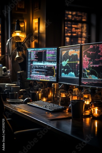 Trading desk with multiple computer monitors showing various Forex charts, Generative AI