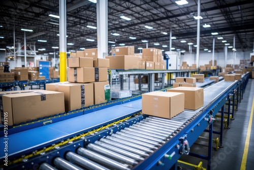 parcel box packages moving along a conveyor belt in a warehouse for e-commerce, delivery, automation, and products. Generative ai