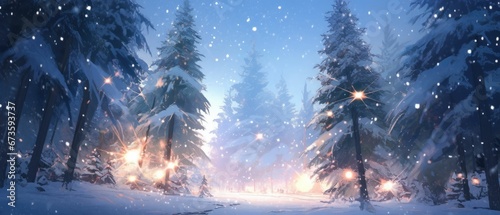  illustration winter land and pine trees land colorful sky