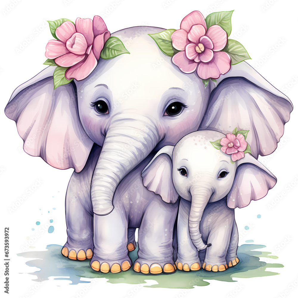 Watercolor Cute Elephant Couple Clipart Illustration