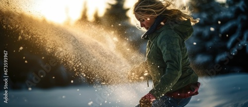 happy joyful woman snowboarding in snowdrift 
