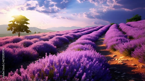 A field of lavender in full bloom  releasing its fragrant scent into the air and painting the landscape with shades of purple.
