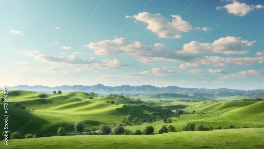 a peaceful landscape, serene rural landscape with lush green fields