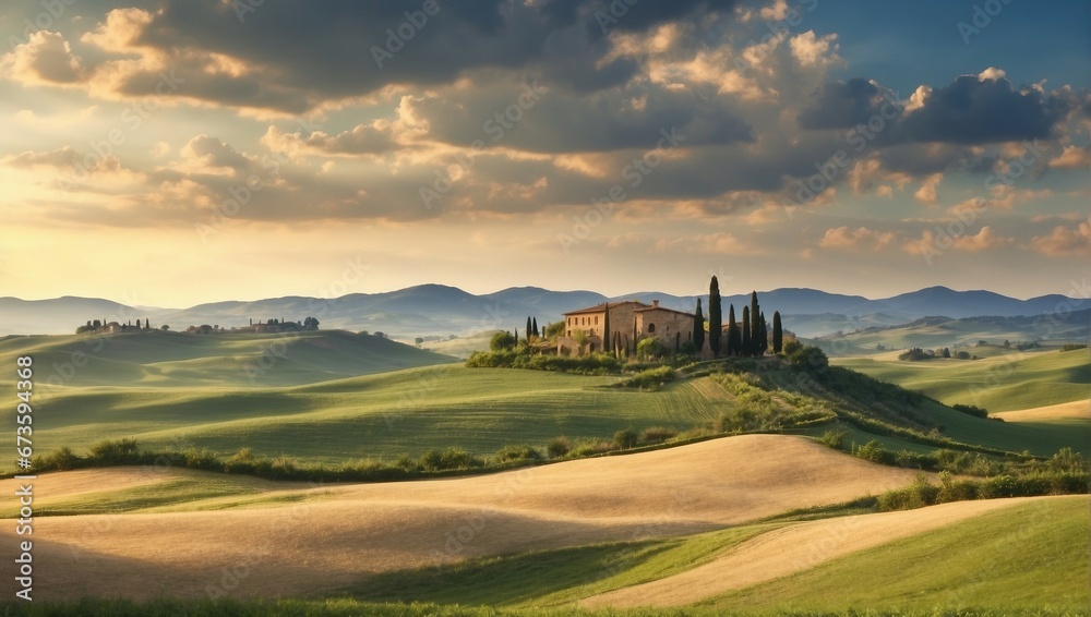 a peaceful landscape, serene rural landscape with lush green fields, sky and peaceful sunlight
