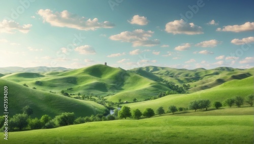 a peaceful landscape, serene rural landscape with lush green fields © noah