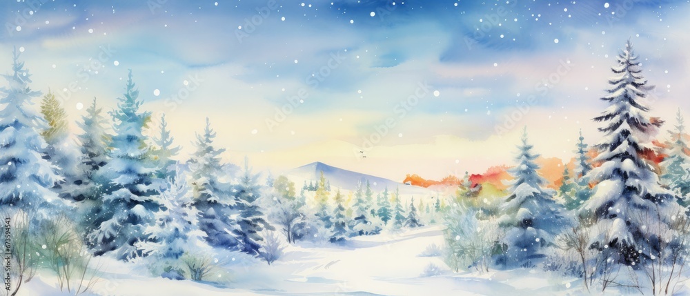 Naklejka premium watercolor winter snowfall pine tree land colorful 