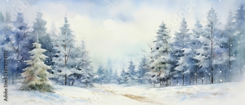 watercolor winter snowfall pine tree land colorful 