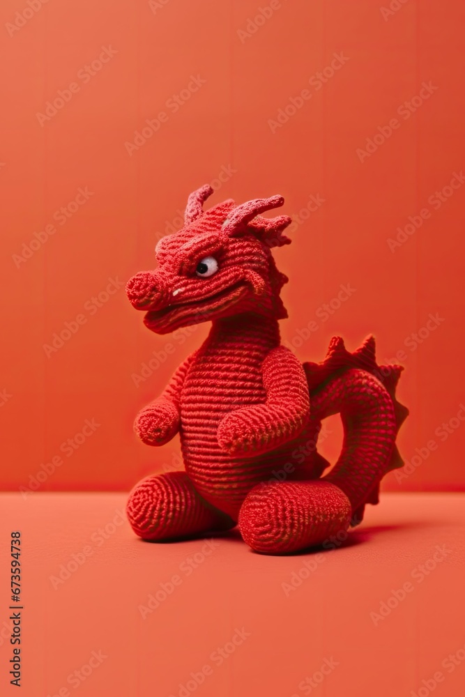 knitted dragon lunar new year clean red background