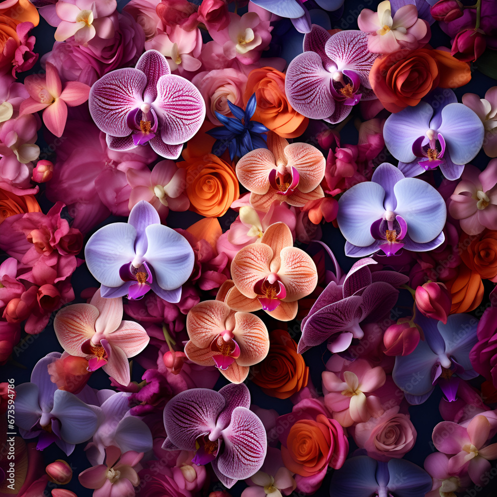 orchid as a natural multicolored background, floral backdrop, tropical exotic flowers. - obrazy, fototapety, plakaty 