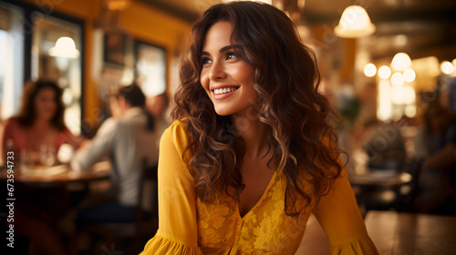 Mujer morena, hermosa, sonriente mirando a un costado  en un restaurante photo