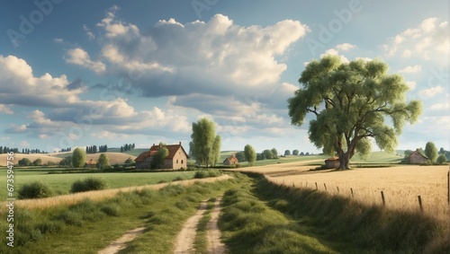 a peaceful landscape  serene rural landscape with lush green fields  sky and peaceful sunlight 