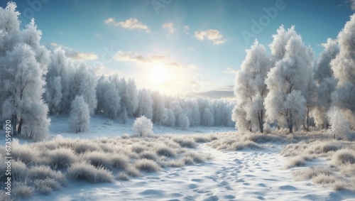a snow covered field with trees and bushes 