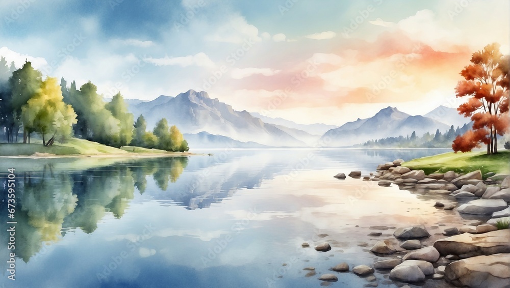 a painting of a lake surrounded by majestic  mountains amidst serene nature

