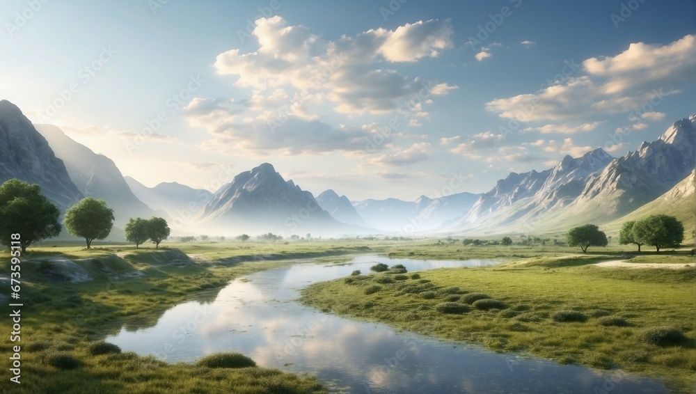 Peaceful forest landscape with green trees and a sky full of clouds
