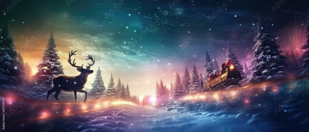  santa ride use sleigh and reindeers carrying pine trees landscape