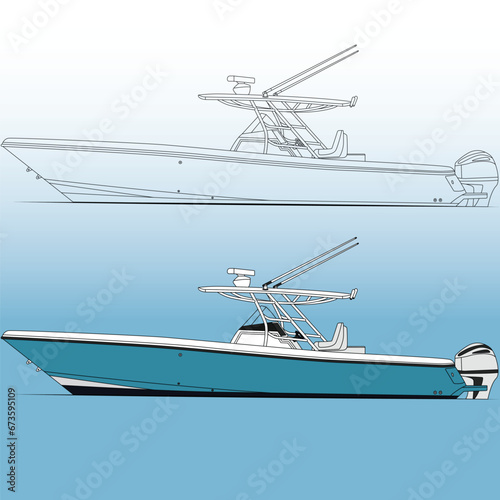 Fishing boat side view, vector, line-art, Illustration