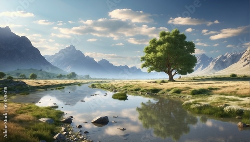 Peaceful forest landscape with green trees and a sky full of clouds 