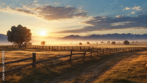 the sun is setting over a field with a fence 