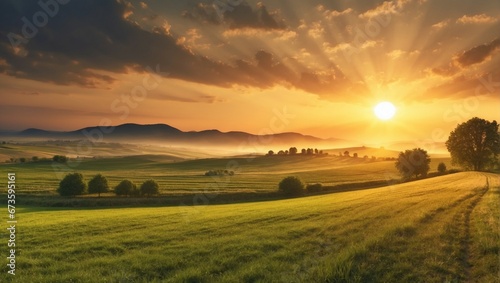a peaceful landscape, serene rural landscape with lush green fields, sky and peaceful sunlight 