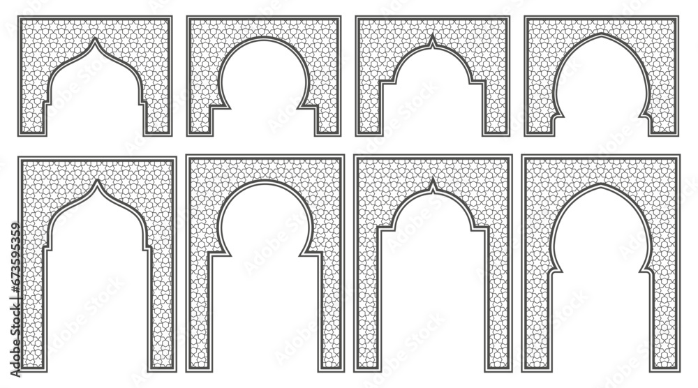 Islamic frame with arch and ornament. Ramadan gate on geometric background for wedding invitation design. Vector oriental decorations set. - obrazy, fototapety, plakaty 