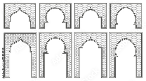 Islamic frame with arch and ornament. Ramadan gate on geometric background for wedding invitation design. Vector oriental decorations set.