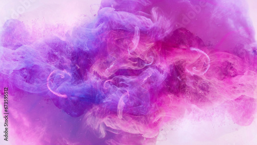Color fume background. Mysterious air. Blue pink purple ink blend flow effect smooth texture abstract vibrant swirls spreading in water on white.