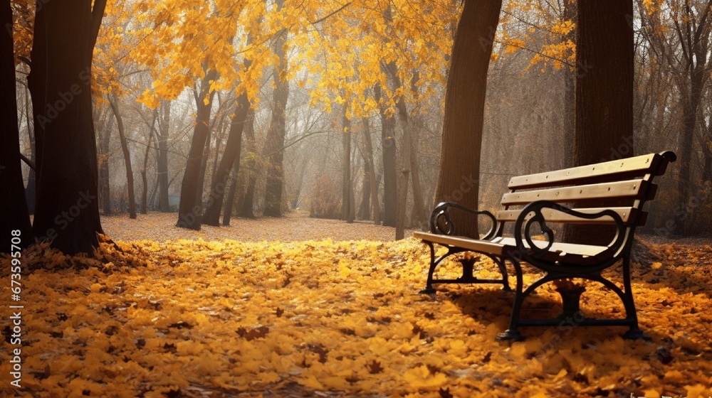 A tranquil park bench beneath a canopy of golden leaves, a peaceful spot to soak in the beauty of an autumn day.