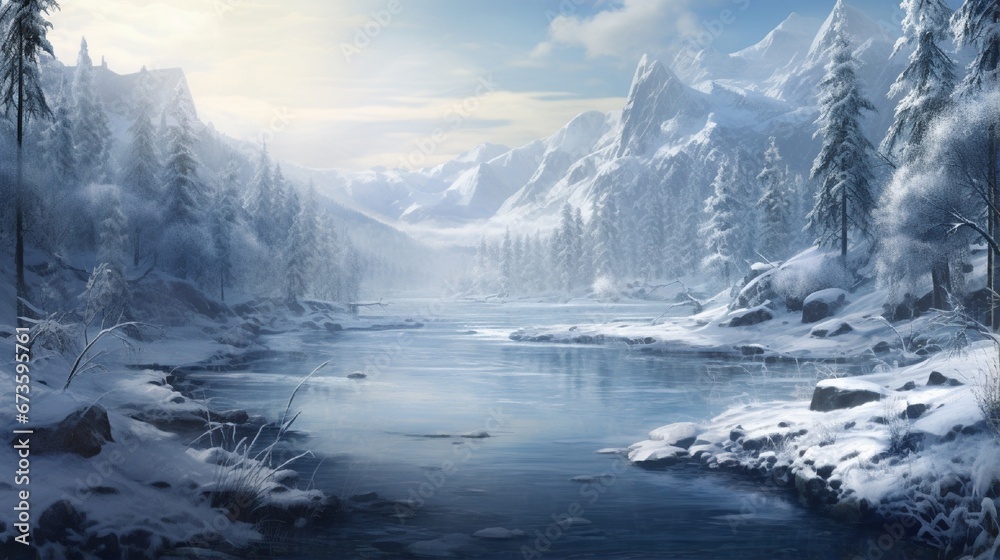 A vast, untouched winter wilderness with snow-covered trees and a frozen river reflecting the icy landscape.