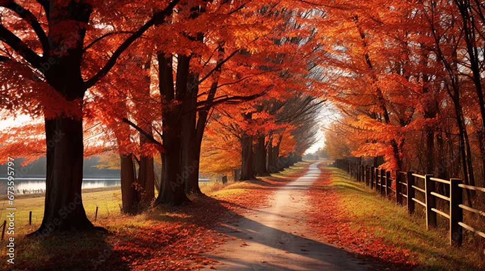 A winding country road flanked by trees in full autumn splendor, their leaves ablaze with shades of red and orange.