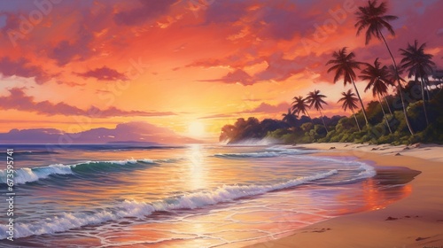 A tropical beach at sunset with vibrant shades of orange and pink painting the sky, casting a warm glow over the sand and sea.