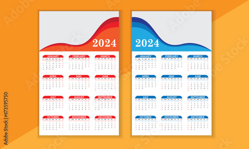 2024 english typographic calender poster. yearly planner design. week starts from sunday and red blue abstract design.