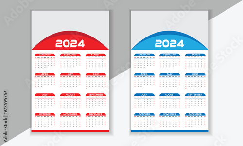 2024 english typographic calender design poster. yearly planner design. week starts from sunday and red blue abstract design.