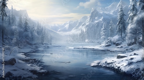A vast  untouched winter wilderness with snow-covered trees and a frozen river reflecting the icy landscape.