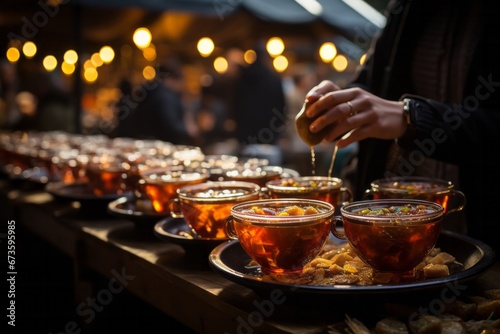 Vendor serving hot mulled cider in decorative cups at an autumn market  Generative AI
