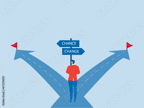 businessman standing middle direct way between the word "change" to "chance" for improve and development self career growth flat vector illustrator 