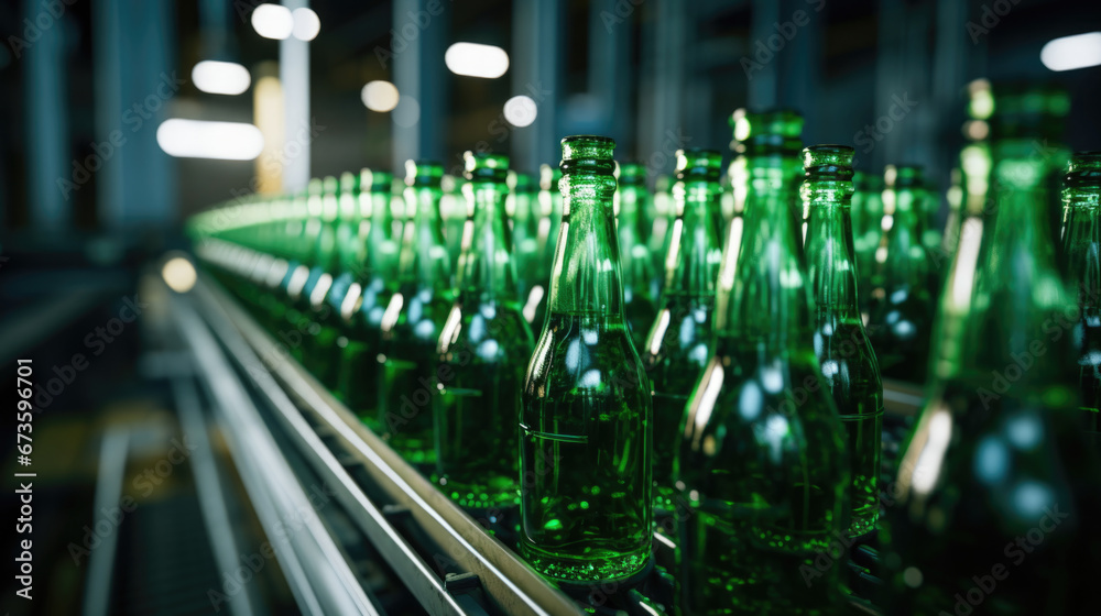 Green glass bottles on production line in the plant. production of beverages