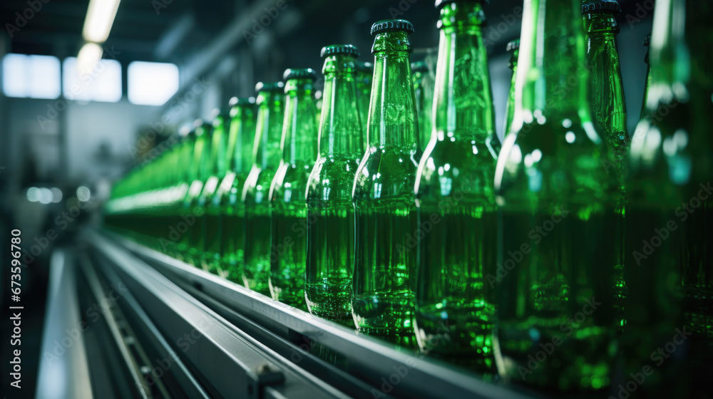 Green glass bottles in rows on production line, beverages plant