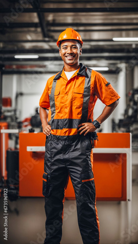 A male employee in an orange uniform is smiling and giving a great thumbs up, isolated white background, Mechanic standing concept.