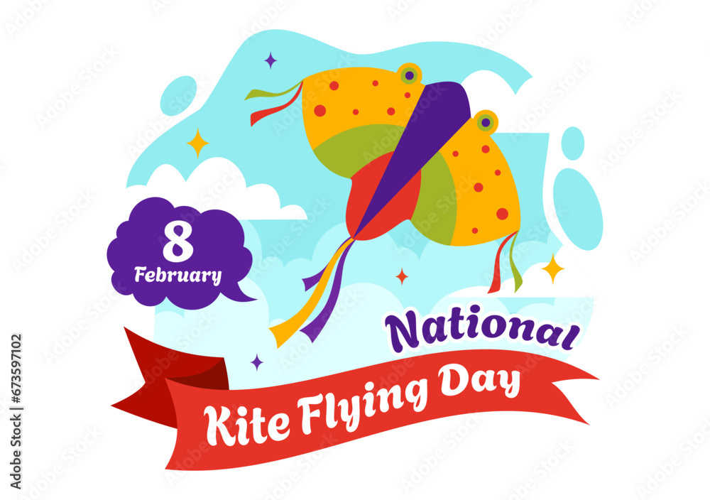 National Kite Flying Day Vector Illustration on February 8 of Sunny Sky Background in Summer Leisure Activity in Flat Cartoon Background Design