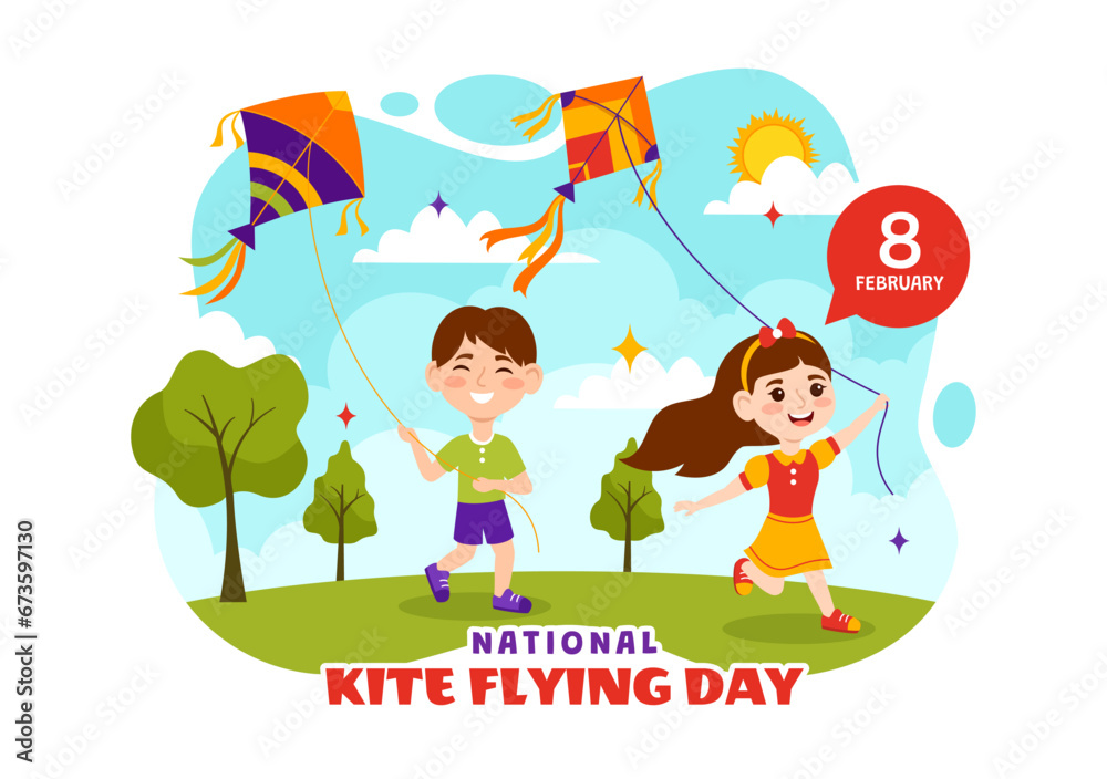 National Kite Flying Day Vector Illustration on February 8 of Sunny Sky Background in Kids Summer Leisure Activity in Flat Cartoon Background Design