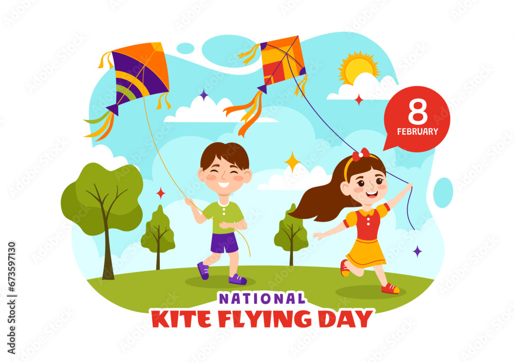National Kite Flying Day Vector Illustration on February 8 of Sunny Sky Background in Kids Summer Leisure Activity in Flat Cartoon Background Design National Kite Flying Day Vector Illustration on February 8 of Sunny Sky Background in Kids Summer Leisure Activity in Flat Cartoon Background Design