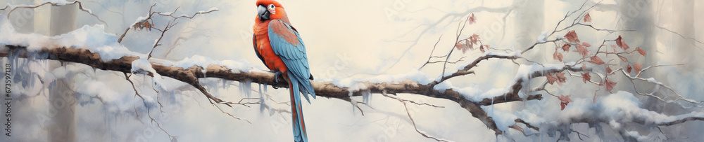 A Minimal Watercolor Banner of a Macaw in a Winter Setting